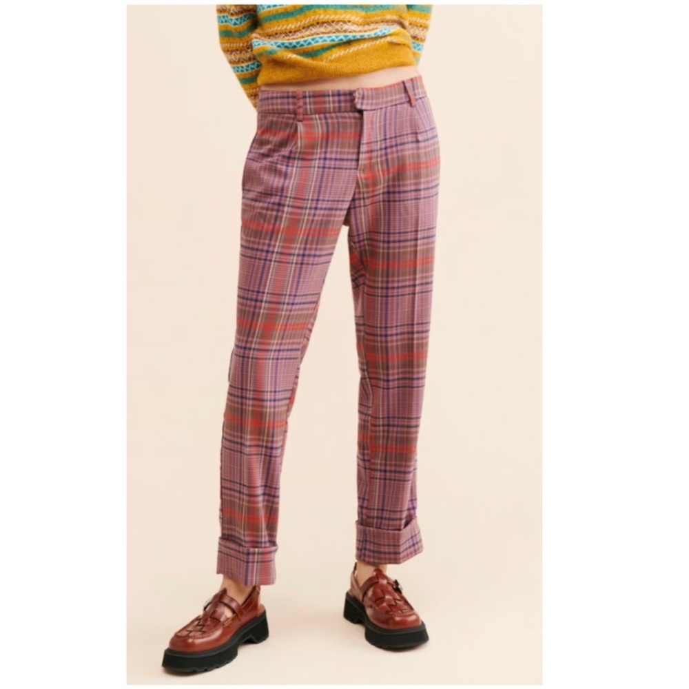 Free People "All For Me" Mid-Rise Plaid Straight Leg Cuffed Trouser Pants Size 4